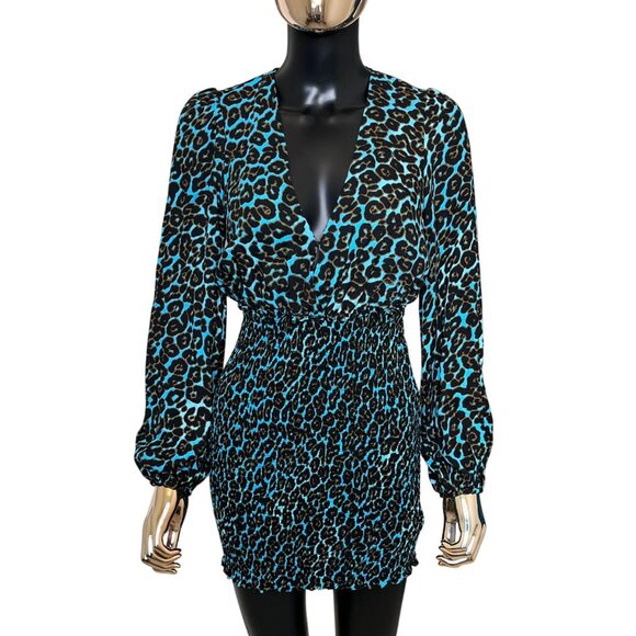 AFRM Blue Leopard Print Mini Dress Smocked Waist Long Sleeve Size SP Revolve - Picture 2 of 12